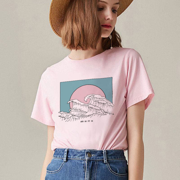 Kawaii Korean Women Fashion Great Wave Print Blouses Harajuku Plus Size Pink White Top Shirt Streetwear Short Sleeve Ladies Tops