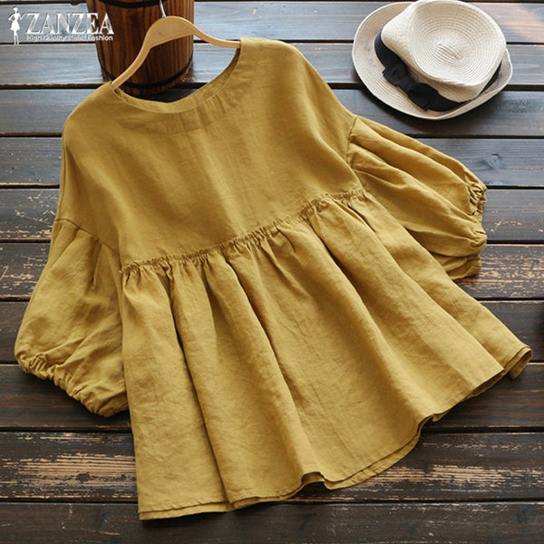 Fashion Ruffle Blouse Summer Women's Tunic 2019 ZANZEA Vintage Casual Linen Tops Female 3/4 Lantern Sleeve Blusas Pleated Shirts