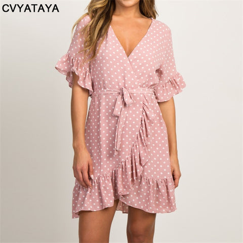 Summer Chiffon Dress 2019 Boho Style Beach Dress Fashion Short Sleeve V-neck Polka Dot A-line Party Dresses Sundress Vestidos
