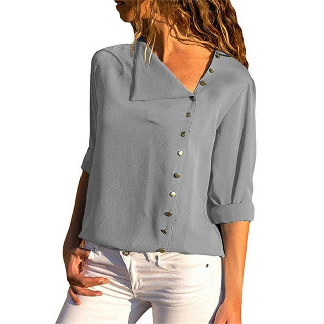 Women Tops And Blouses 2019 Fashion Long Sleeve Skew Collar Chiffon Blouse Casual Tops Plus Size Elegent Work Wear Shirt