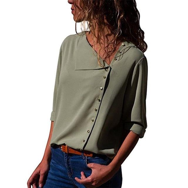 Women Tops And Blouses 2019 Fashion Long Sleeve Skew Collar Chiffon Blouse Casual Tops Plus Size Elegent Work Wear Shirt