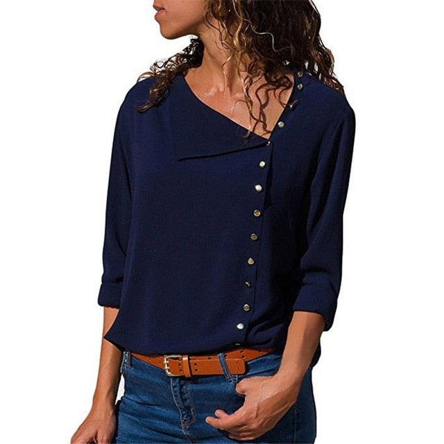 Women Tops And Blouses 2019 Fashion Long Sleeve Skew Collar Chiffon Blouse Casual Tops Plus Size Elegent Work Wear Shirt