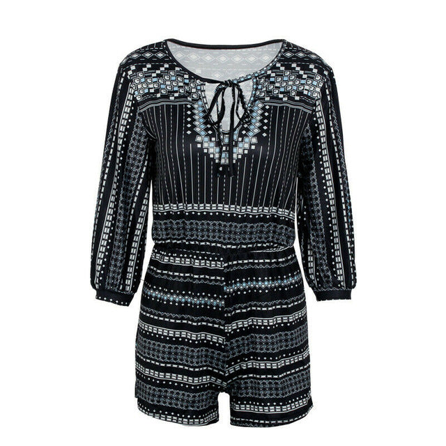 Sexy Women Summer Loose Jumpsuit Long Sleeve V Neck Female High Waist Striped Printed Playsuit Summer Beach Clothes