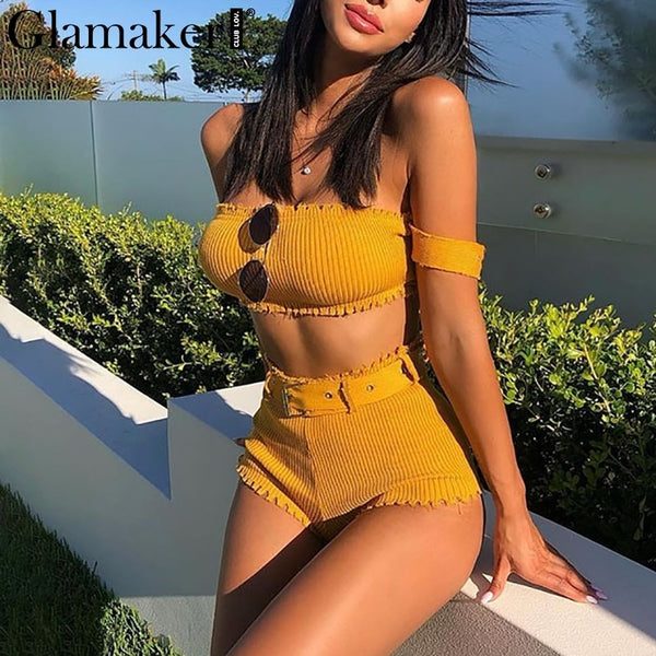 Glamaker Off shoulder 2 piece knitted playsuit Women autumn short jumpsuit rompers Female bodycon party yellow jumpsuit overalls