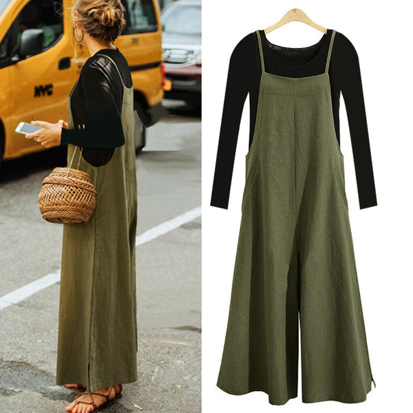 EaseHut Plus Size 3XL Women Cotton Jumpsuit Pocket Wide Leg Rompers Strappy Dungaree Bib Overalls Casual Loose Solid Playsuit