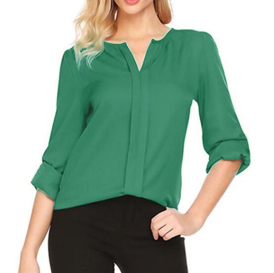 Women Summer Middle Sleeve Chiffon Blouses Fashion Hot Style V-Neck Chiffon Shirt Simple Design All Match Shirts OL Basic Top