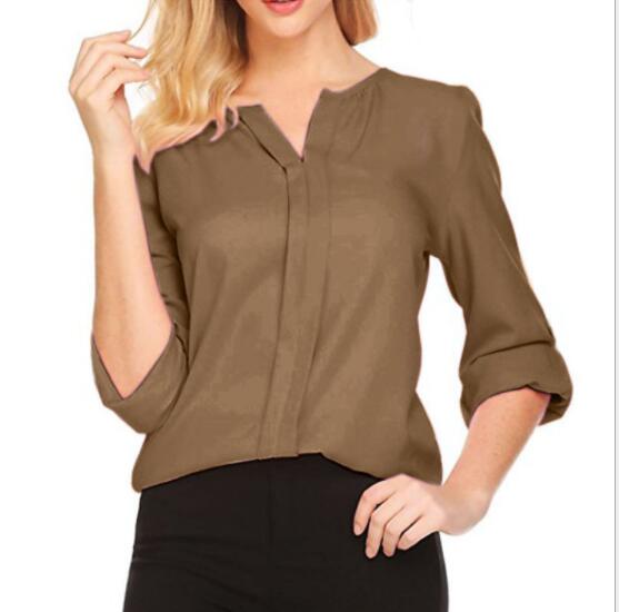 Women Summer Middle Sleeve Chiffon Blouses Fashion Hot Style V-Neck Chiffon Shirt Simple Design All Match Shirts OL Basic Top