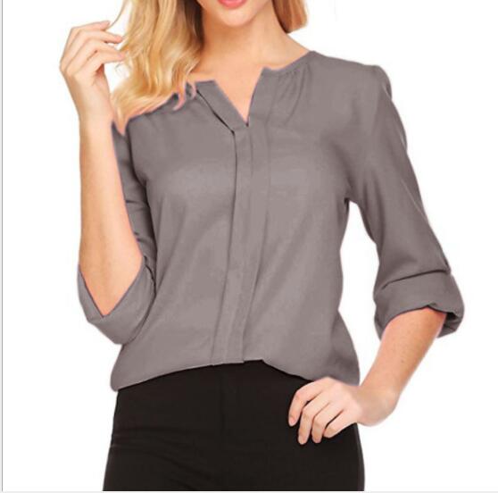 Women Summer Middle Sleeve Chiffon Blouses Fashion Hot Style V-Neck Chiffon Shirt Simple Design All Match Shirts OL Basic Top