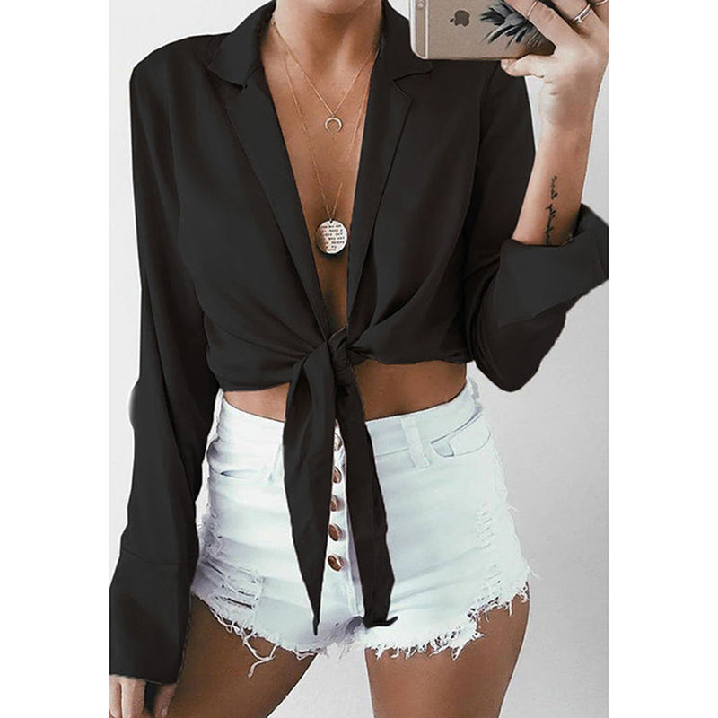 Summer Loose Lady Blouse Women Long-Sleeve Front Knot Tie Chic Crop Top Fashion Sexy Deep V-Neck Chiffon Shirts