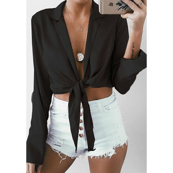 Summer Loose Lady Blouse Women Long-Sleeve Front Knot Tie Chic Crop Top Fashion Sexy Deep V-Neck Chiffon Shirts