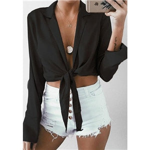 Summer Loose Lady Blouse Women Long-Sleeve Front Knot Tie Chic Crop Top Fashion Sexy Deep V-Neck Chiffon Shirts