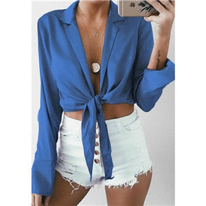 Summer Loose Lady Blouse Women Long-Sleeve Front Knot Tie Chic Crop Top Fashion Sexy Deep V-Neck Chiffon Shirts
