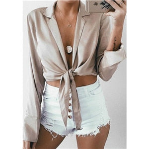 Summer Loose Lady Blouse Women Long-Sleeve Front Knot Tie Chic Crop Top Fashion Sexy Deep V-Neck Chiffon Shirts