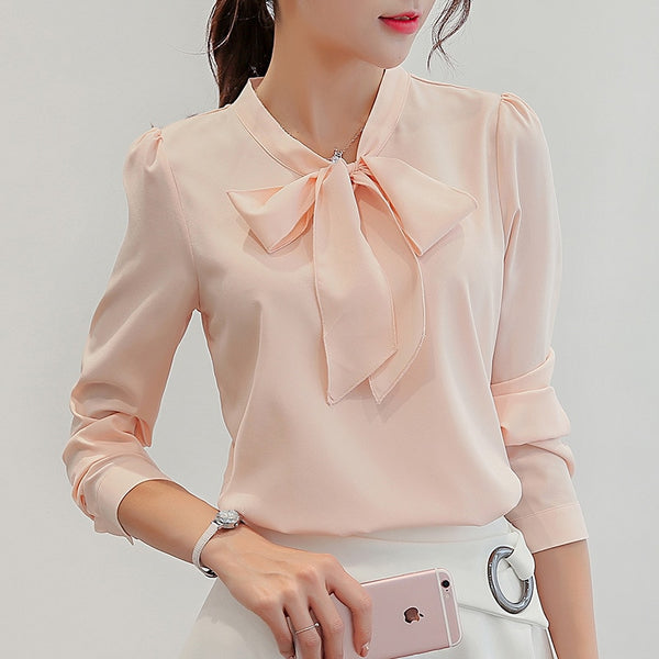 Harajuku New Spring Summer Blouse Women Long Sleeve Shirts Fashion Leisure Chiffon Shirt Bow Office Ladies Pink White Tops