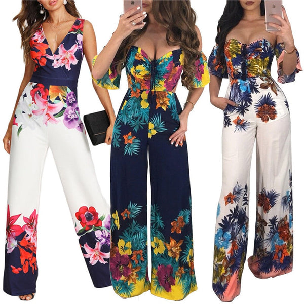 New Hot Women's Ladies Clubwear Playsuit Floral Off Shoulder Summer Jumpsuit Wide Leg Pants Trousers