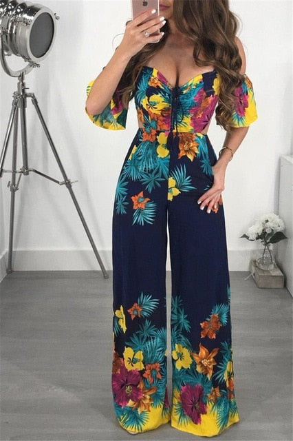 New Hot Women's Ladies Clubwear Playsuit Floral Off Shoulder Summer Jumpsuit Wide Leg Pants Trousers