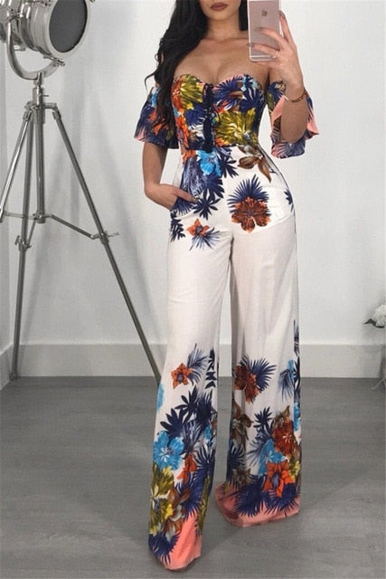 New Hot Women's Ladies Clubwear Playsuit Floral Off Shoulder Summer Jumpsuit Wide Leg Pants Trousers