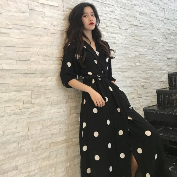 SuperAen Summer Women's Dress Korean Style Fashion V-neck Ladies Long Dress Casual Half Sleeve Dot Dress Female New 2018