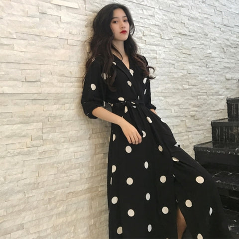 SuperAen Summer Women's Dress Korean Style Fashion V-neck Ladies Long Dress Casual Half Sleeve Dot Dress Female New 2018