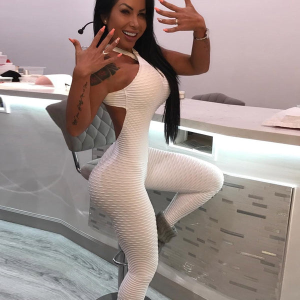 Hot Sale White New Texture  Push Up Fitness Rompers Womens Jumpsuit Backless Halter Across Playsuit Sexy Bodysuit