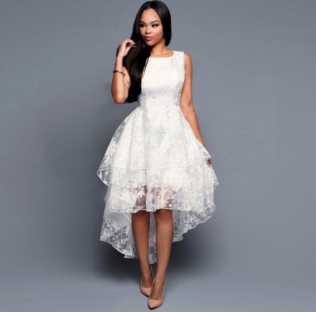 Fashion Spring Summer High Low Dresses sleeveless Elegant Slim Front short back long Puffy Party Dress White Women Tulle Dress