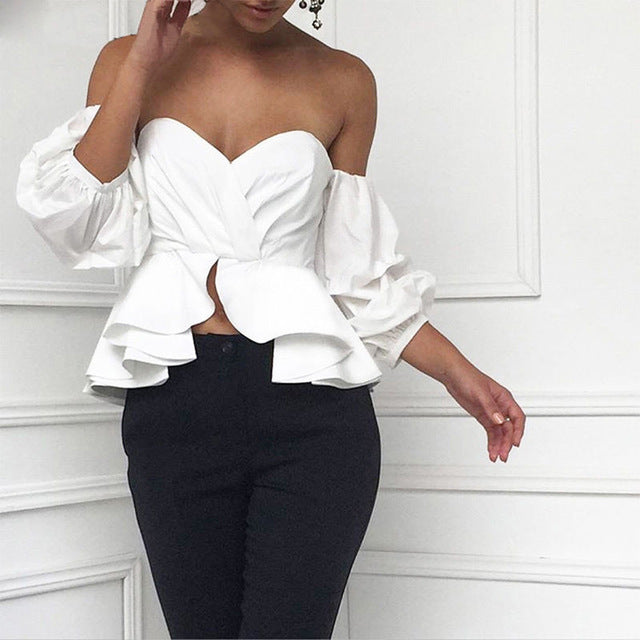 Fashion Women Off Shoulder Puff Sleeve Ruffle V-neck Peplum Crop Tops Summer Loose Strapless Casual Solid Color Shirts Blouse
