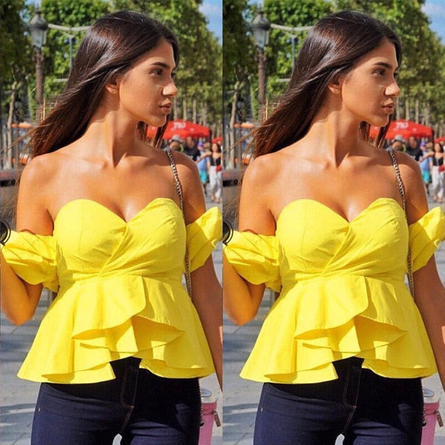 Fashion Women Off Shoulder Puff Sleeve Ruffle V-neck Peplum Crop Tops Summer Loose Strapless Casual Solid Color Shirts Blouse