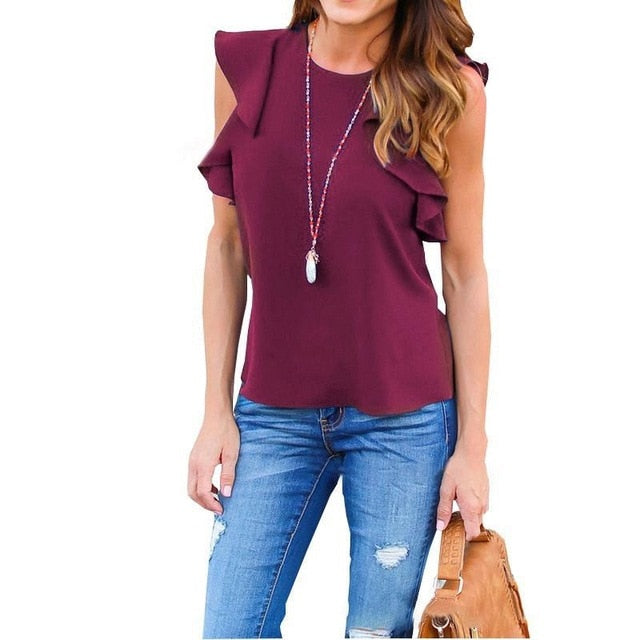 Women Chiffon Blouse Fashion Summer Sexy O Neck Sleeveless Ruffle Shirts Casual Slim Solid Blusas Plus Size Tee Tops