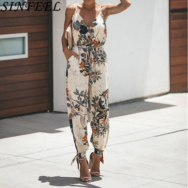 Sexy Women Summer Jumpsuit Floral Print Sleeveless High Waist Ladies Clubwear Deep V Neck Playsuit Bodycon Party Romper Jumpsuit