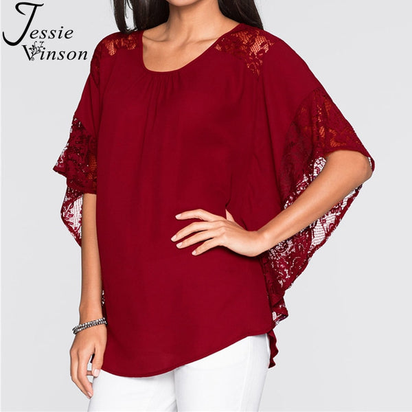 Jessie Vinson Fashion Women Summer Lace Splicing Blouse Plus Size Batwing Short Sleeve Casual Shirt Dark Blue Women Tops